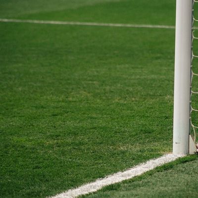 A football pitch with just the edge of a goal post in view 